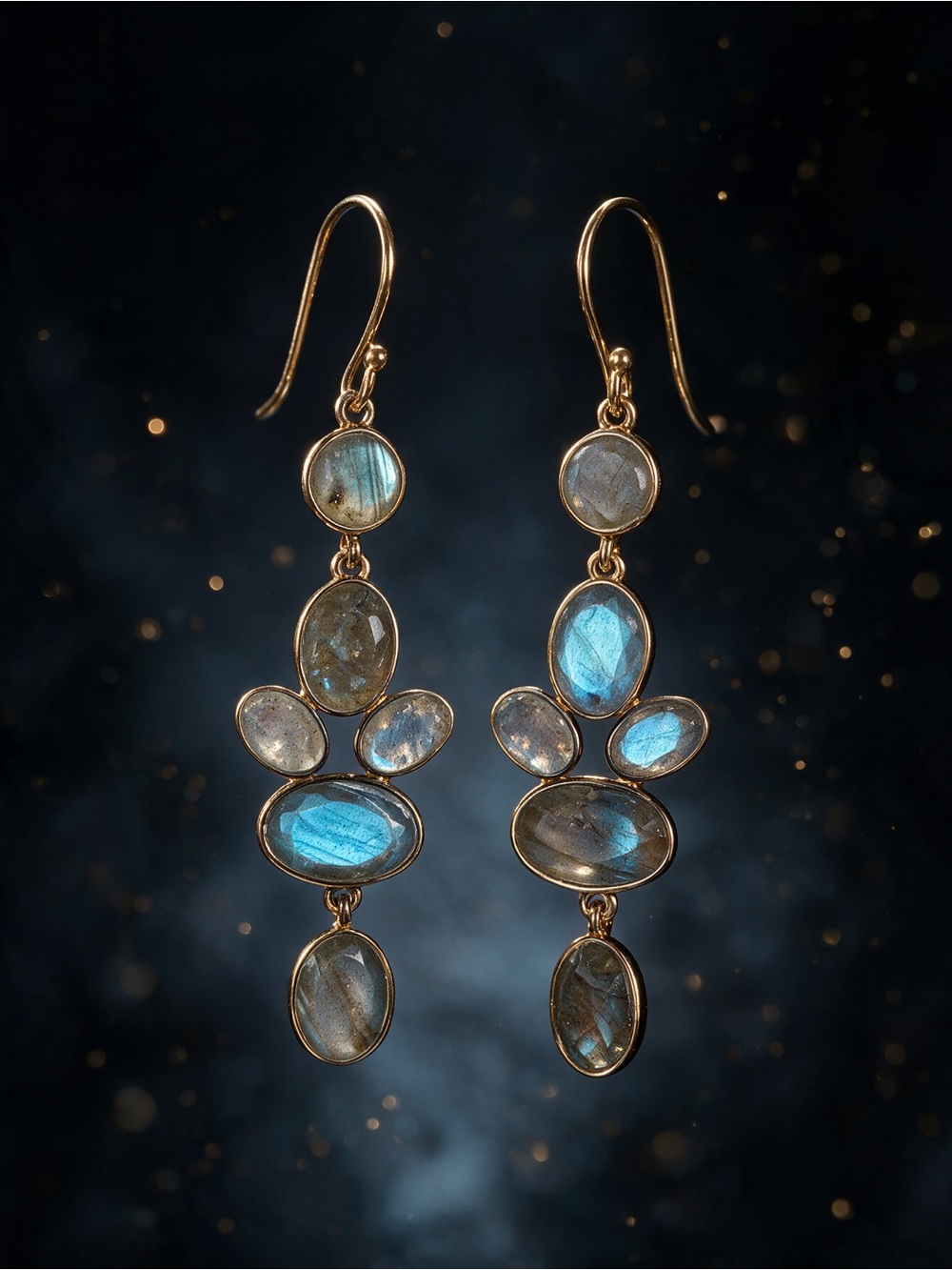 Labradorite Dangle Earrings - Iridescent Blue-Green, Gold Plated
